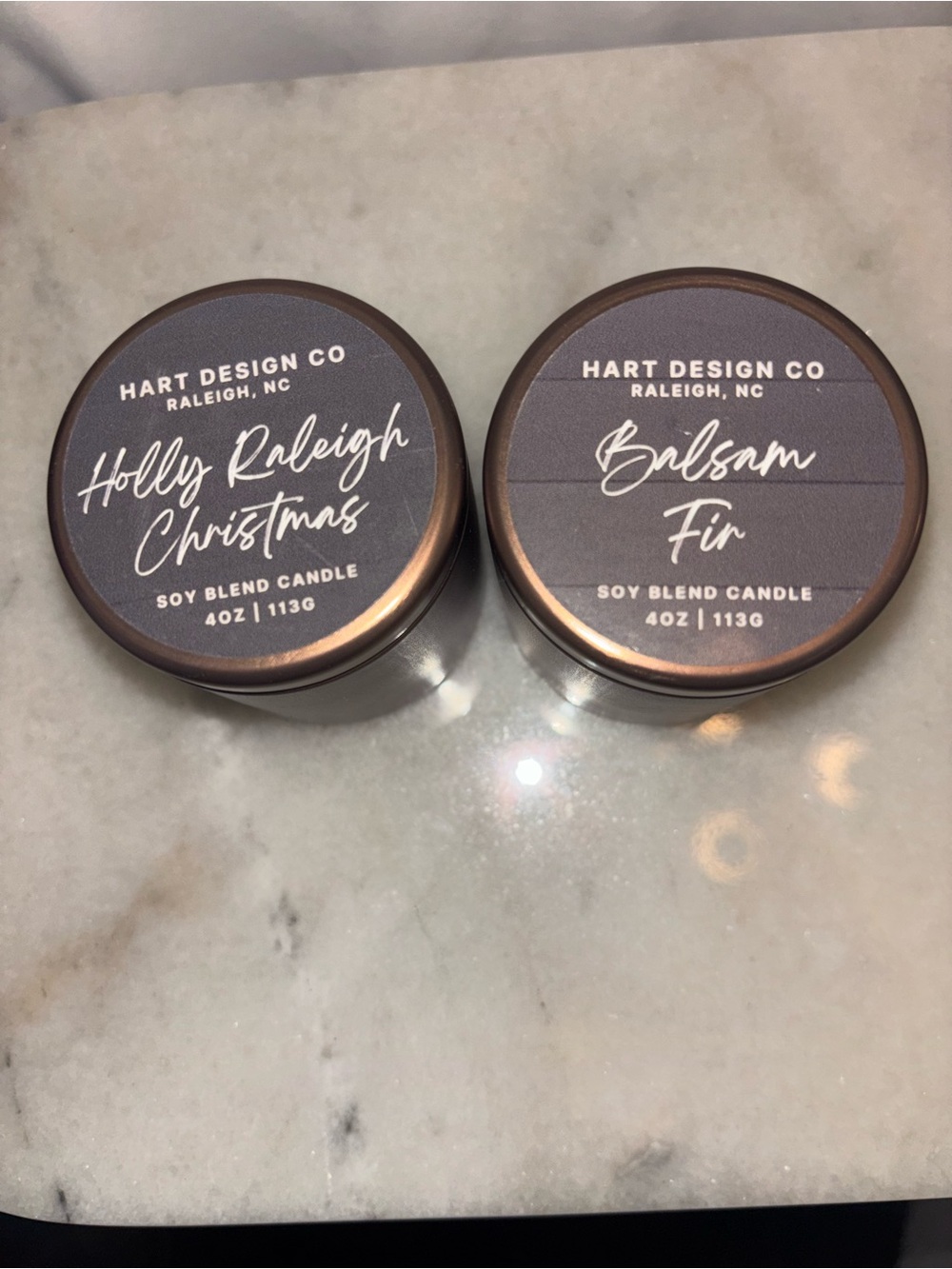Set of 2 Brown Tin Soy Blend Candles  — Holly Raleigh Christmas and Balsam Fir